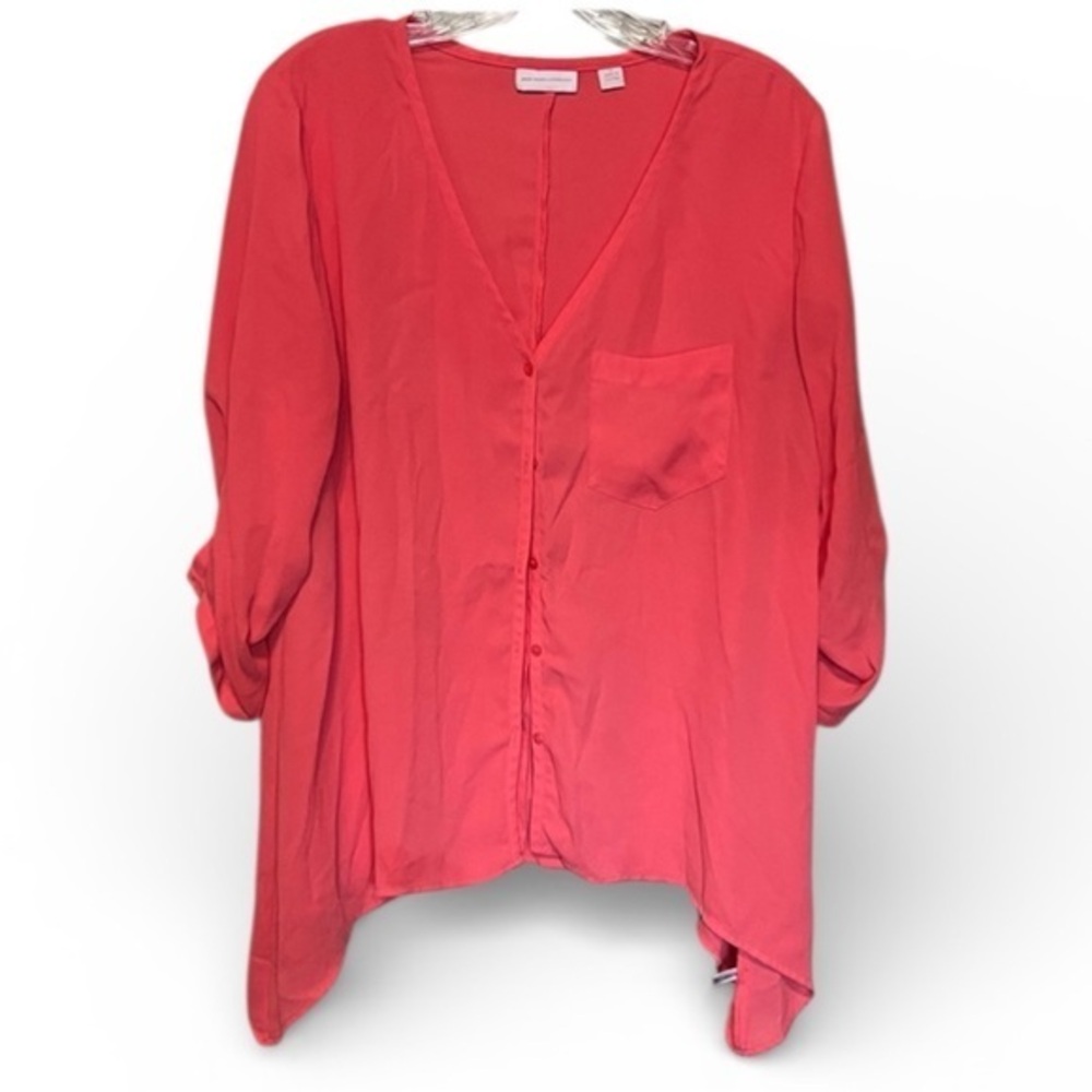 New York & Company Pink Sheer Button-Front Blouse – Roll-Tab Sleeves size medium
